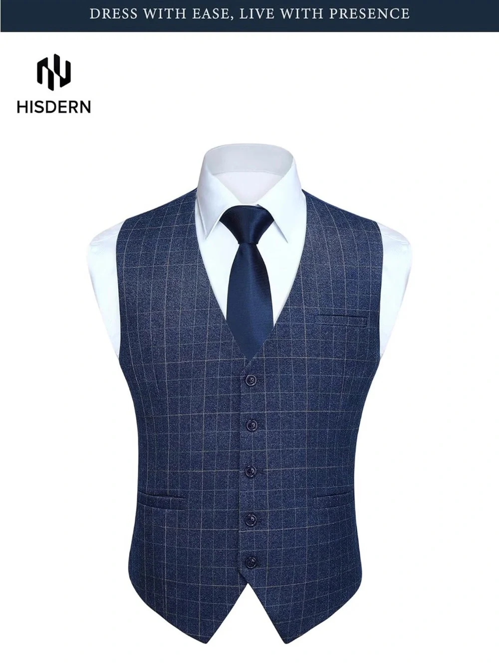 HISDERN XL Blue Windowpane Check Vest Men’s Formal 5 Button $20